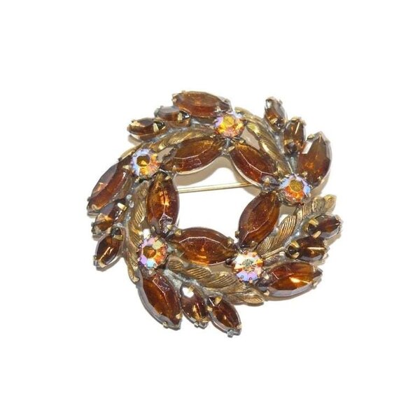 Vintage Brown Navette and Round Aurora Borealis Rhinestone Brooch - Picture 3 of 4